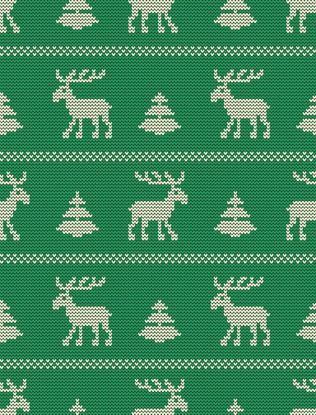 Christmas Background Seamless Knitted Pattern Deers Fir Trees Green Background — Stock Vector