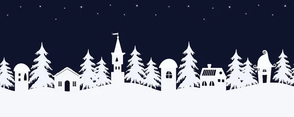 圣诞节背景 童话冬天的风景 无缝边框 有白色梦幻般的山林小屋和杉木树在星空背景下的图像 向量例证 — 图库矢量图片