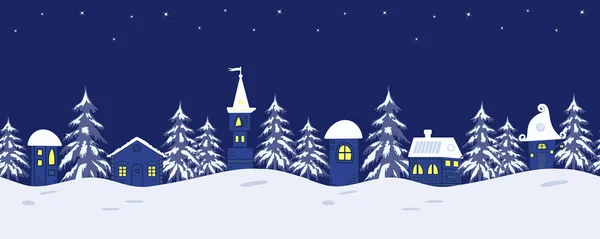 童话冬天风景 无缝边框 有梦幻般的小屋和冷杉树在星空背景的图像 它可以作为一个设计元素在圣诞作文 — 图库矢量图片