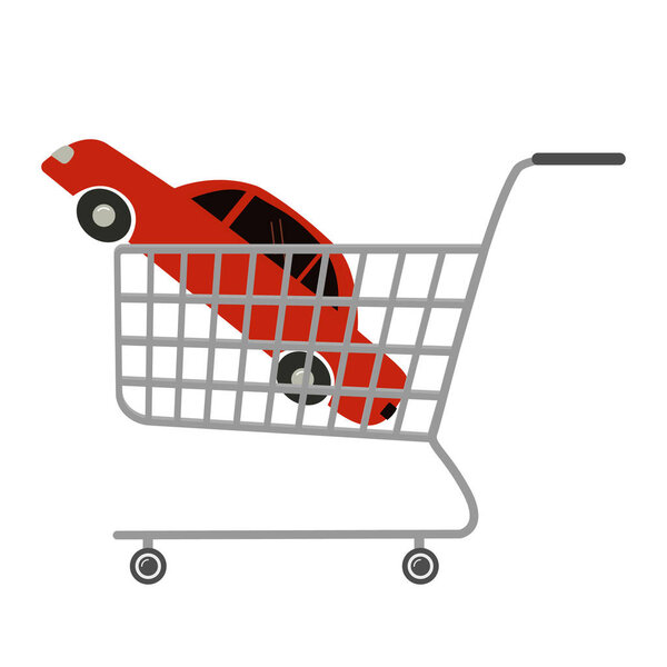 Concept of "buying a car." There is a red car in the shopping cart in the picture. Vector illustration on a white background