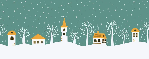 圣诞节背景 童话冬天的风景 无缝边框 在绿松石的背景上有梦幻般的山林小屋和树木 白色的房子 橙色的屋顶和下雪的图片 — 图库矢量图片