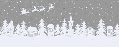 Peri masalı kış manzarası. Noel Baba geyikler üzerinde gökyüzünde biniyor. Fantastik zâviye ve köknar ağaçları gri bir arka plan üzerinde bulunmaktadır. Sorunsuz bir sınır kullanılabilir. Vektör çizim