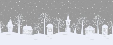 Noel arka plan. Peri masalı kış manzarası. Sorunsuz sınır. Fantastik evleri ve gri arka plan üzerinde ağaçlar vardır. Vektör çizim