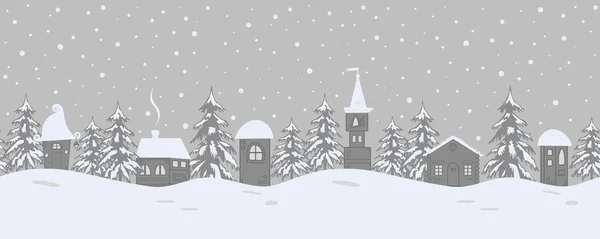 圣诞节背景 童话冬天的风景 无缝边框 有梦幻般的房子和杉木树在灰色的背景 向量例证 — 图库矢量图片