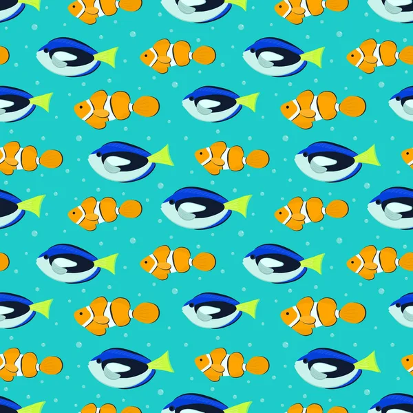 无缝的图案与水族馆鱼 图片中有蓝色外科医生鱼和橙色小丑鱼 在绿松石背景的向量例证 — 图库矢量图片