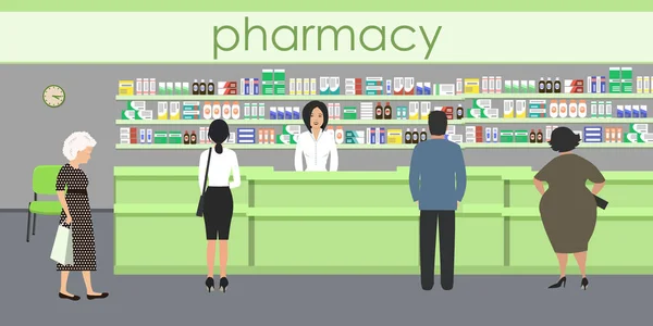 People Pharmacy Pharmacist Stands Shelves Medicines Green Hall Visitors Vector — Stock Vector