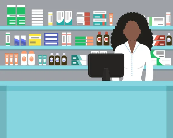 Bandeira Web Farmacêutico Mulher Negra Bonito Local Trabalho Uma Farmácia —  Vetores de Stock