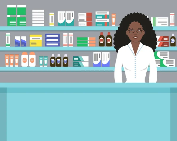 Web Banner Pharmacist Cute Black Woman Workplace Pharmacy Standing Front — Stock Vector