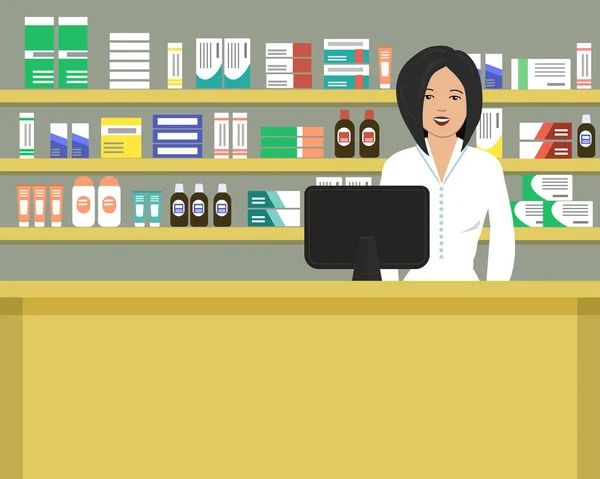 Banner Web Farmacéutico Mujer Joven Lugar Trabajo Una Farmacia Pie — Vector de stock