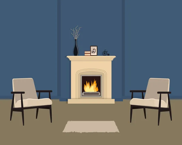 Blue living room with fireplace. The room also has two beige armchairs, a vase with decorative branches and home decor items. Vector illustration.