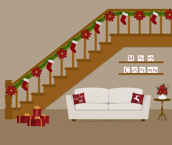 Canapé Blanc Avec Oreillers Rouges Situé Sous Les Escaliers Décoré — Image vectorielle