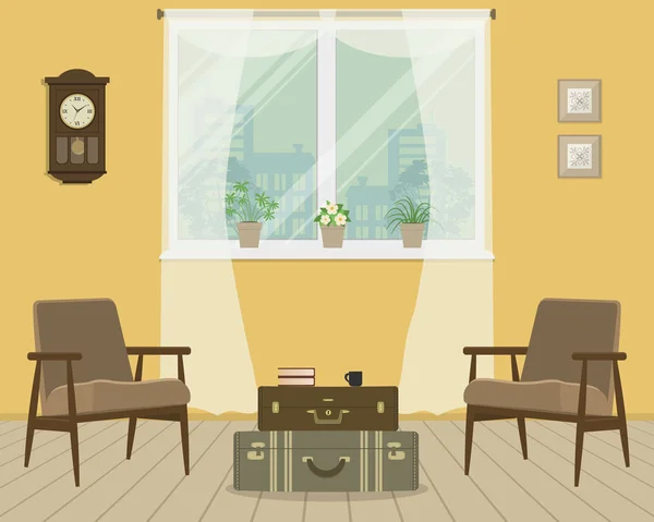 黄色客厅在复古风格 图片中有棕色的扶手椅 一张行李箱形式的桌子 窗台上有室内花 这里还有一个挂钟 — 图库矢量图片