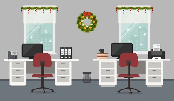 事務室は クリスマスの装飾で飾られました 白い机 赤い椅子 コンピューター プリンター 携帯電話 画像のウィンドウ背景の他のオブジェクトがあります ベクトル図 — ストックベクタ