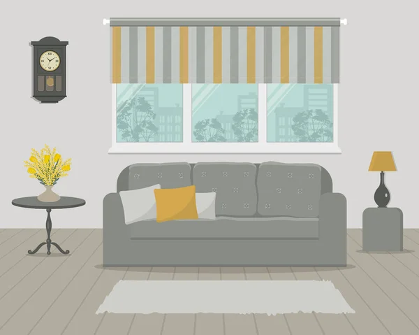 Sala Estar Cores Cinza Amarelo Sofá Com Travesseiros Uma Lâmpada — Vetor de Stock