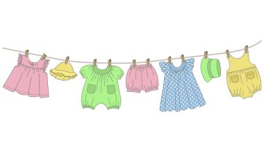 Bebek giysileri clothesline üzerinde dur. Şeyler üzerinde clothespins yıkandıktan sonra kurutulur. Beyaz bir arka plan üzerinde vektör çizim