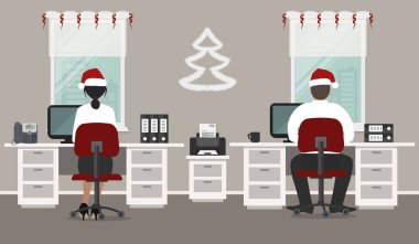 Office, Noel dekorasyonu ile dekore edilmiştir. Ofis çalışanları Noel Baba şapkaları işyerinde içinde. Masalar, sandalyeler, pencere arka plan üzerinde bir yazıcı vardır. İşte duvardaki dekoratif bir Noel ağacı