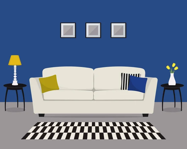 Salón Azul Hay Sofá Blanco Con Almohadas Una Mesa Con — Vector de stock