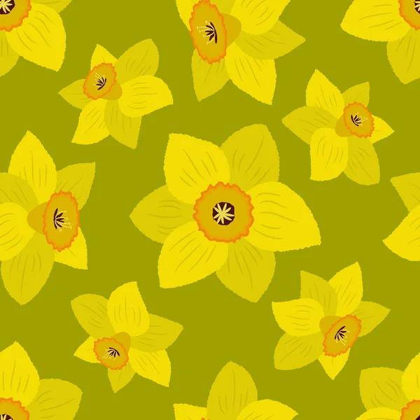オリーブの背景に黄色の水仙とシームレスなパターン 花の背景 ベクトル図 — ストックベクタ