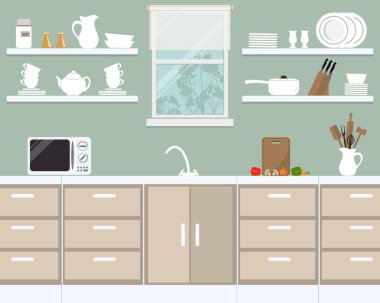 Provence renkli mutfak iç. Bir mikrodalga fırın, bir su ısıtıcısı, tabak, bardak, bıçak ve diğer mutfak araçları penceresi arka plan üzerinde vardır. Ayrıca sebze ve bir kesme tahtası vardır. Vektör