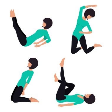 Sportif üniformalı genç kadın beden eğitimi yapmaktadır. Göbek, bel ve kalça için egzersiz. Vektör çizim