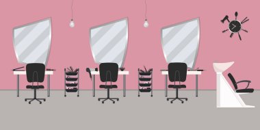 Pembe renkli bir kuaför salonu iç. Güzellik Salonu. Masa, sandalye, resimdeki saç, ayna, saç kurutma makinesi yıkama banyo vardır. Kuaför aksesuarları ile bir saat olduğunu