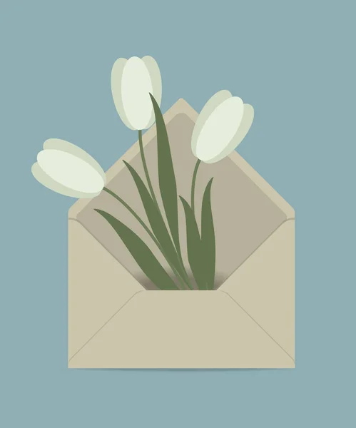 邮筒里有一束白色郁金香 春天的花朵 送花理念 花卉成分 在蓝色背景的向量例证 — 图库矢量图片