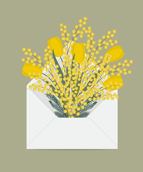 Tulpenstrauß Und Mimosen Briefumschlag Frühlingsgelbe Blüten Blumenlieferkonzept Florale Komposition Vektor — Stockvektor