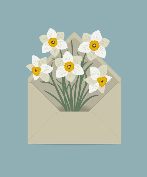 Buket Beyaz Nergis Posta Zarf Içinde Bahar Çiçekleri Çiçek Teslimat — Stok Vektör