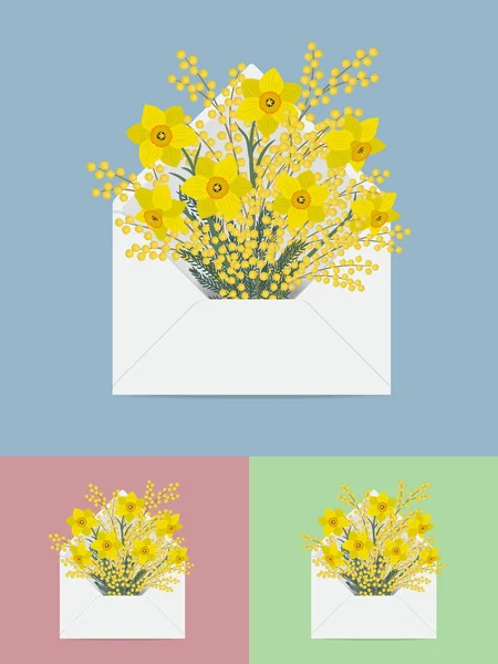水仙と郵便封筒でミモザの花束 春の黄色い花 花の配信のコンセプトです 花の組成物 つの異なる色の背景のベクトル図 — ストックベクタ