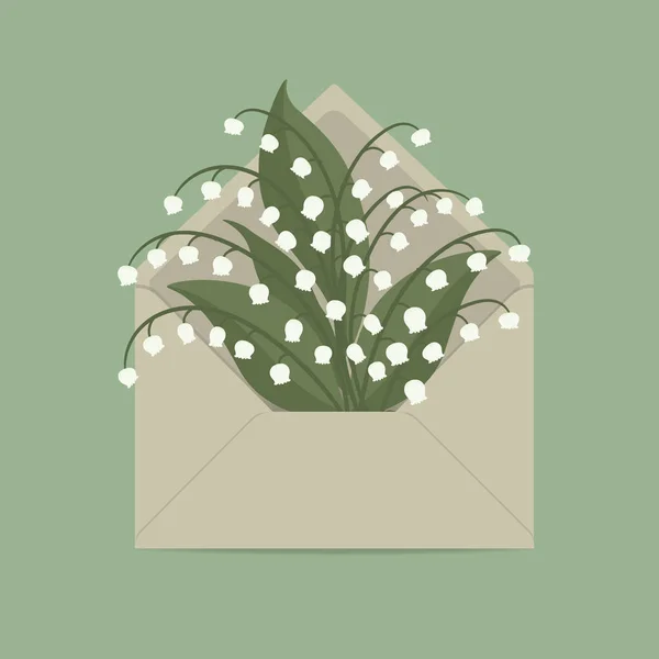 Maiglöckchen Briefumschlag Frühlingsblumen Florale Komposition Vektor Illustration Auf Grünem Hintergrund — Stockvektor
