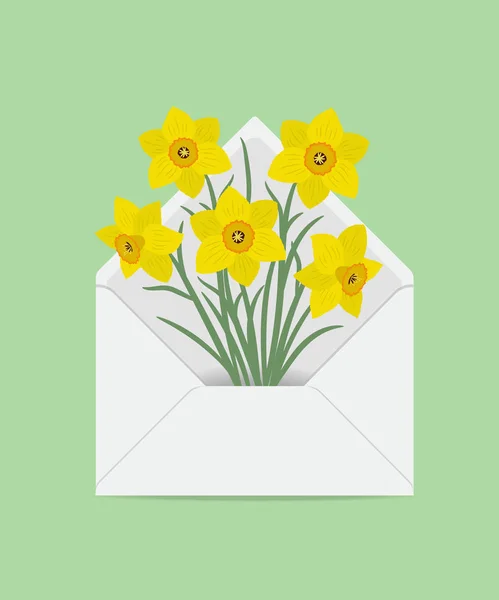 Narcisos Amarillos Sobre Postal Flores Primavera Concepto Entrega Flores Composición — Vector de stock