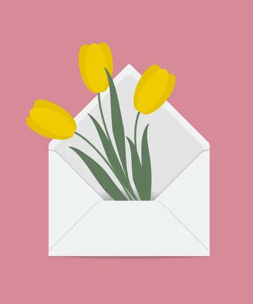 邮筒里的黄色郁金香 春天的花朵 送花理念 花卉成分 在粉红色背景的向量例证 — 图库矢量图片
