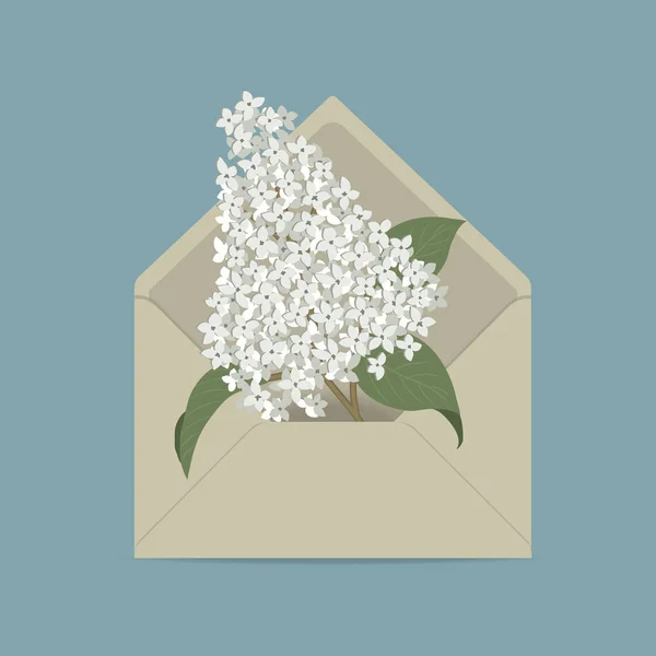Fliederzweig Briefumschlag Weiße Frühlingsblumen Blumenlieferkonzept Vektor Illustration Auf Blauem Hintergrund — Stockvektor