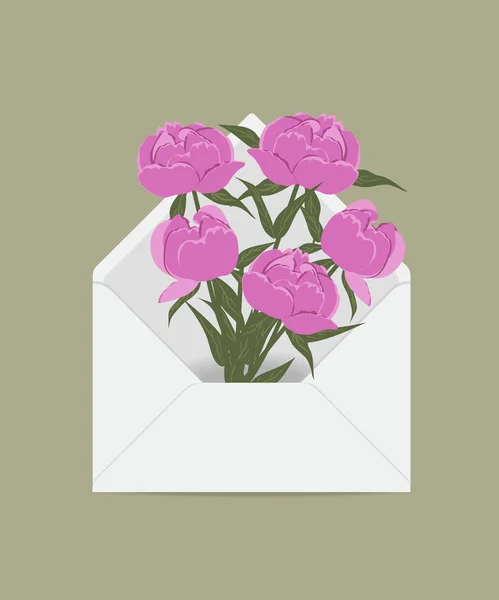 Rosa Pfingstrosen Briefumschlag Frühlingsblumen Blumenlieferkonzept Florale Komposition Vektor Illustration Auf — Stockvektor