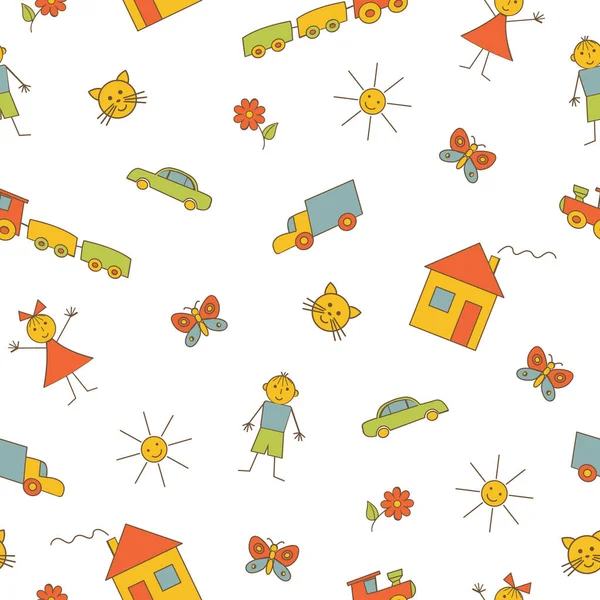 Seamless pattern with children's drawings on a white background. It can be used as a background for the websites, packing, fabrics, wallpapers. Vector illustration.