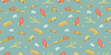 Çocuk arka plan. Farklı ulaşım araçları ile sorunsuz sınır. Desen arka plan olarak ambalaj, kumaşlar, duvar kağıtları Web siteleri için kullanılabilir. Mavi bir arka plan üzerinde vektör çizim