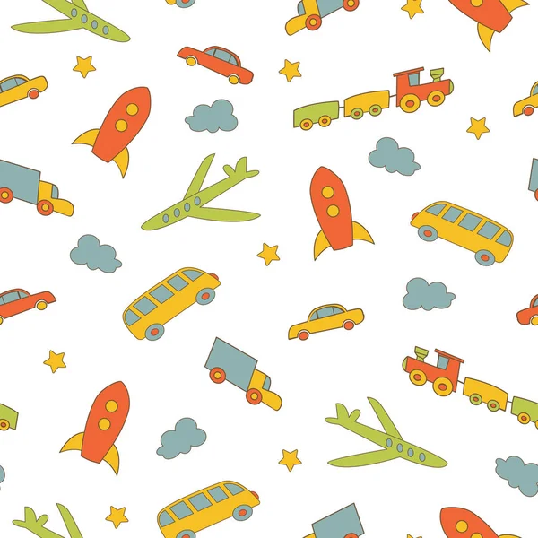 Children's background. Seamless pattern with different types of transport. It can be used as a background for the websites, packing, fabrics, wallpapers. Vector illustration on a white background