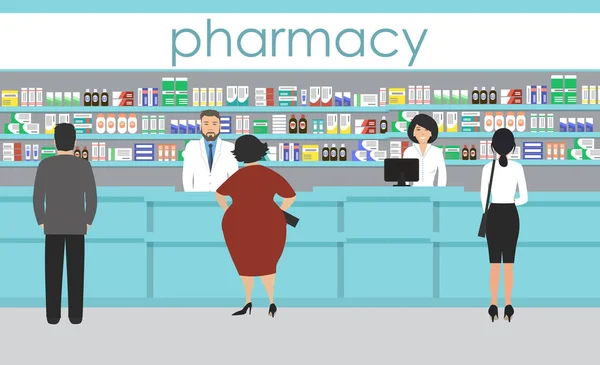 People Pharmacy Pharmacists Stands Shelves Medicines Blue Hall Visitors Vector — Stock Vector
