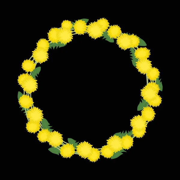 在黑色背景上的 Dandelions 花圆的框架从春天黄色的花 贺卡模板 它可以用作项目中的设计元素 — 图库矢量图片