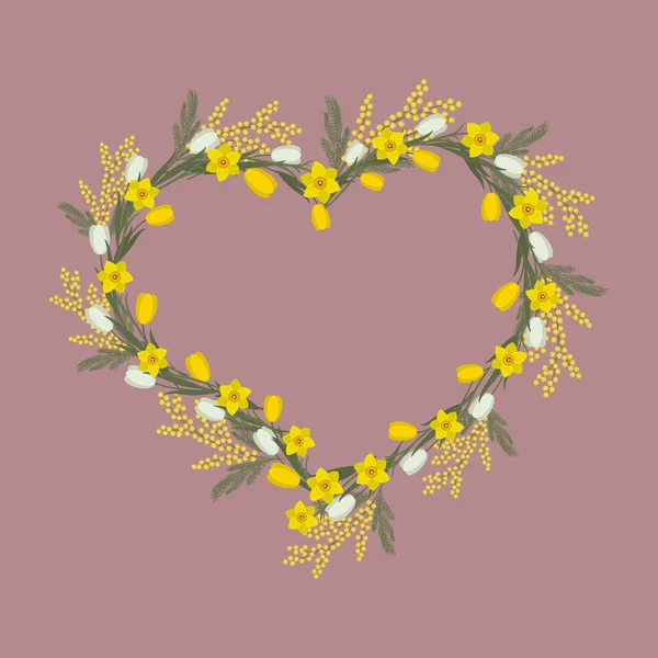 花框在心脏的形状 春天的花朵 黄色和白色的郁金香花 水仙花和含羞草在粉红色的背景 贺卡模板 它可以用作设计元素 — 图库矢量图片