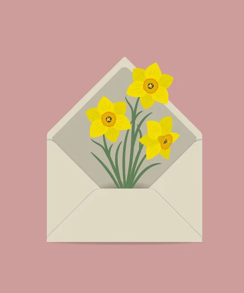 Gele Narcissen Postsector Envelop Lente Bloemen Bloem Levering Concept Floral — Stockvector