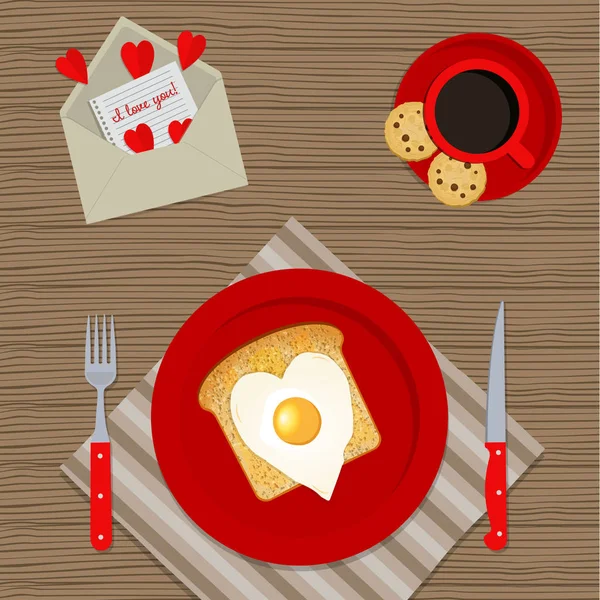 Romantisches Frühstück Für Den Valentinstag Spiegeleier Herzform Und Toast Auf — Stockvektor