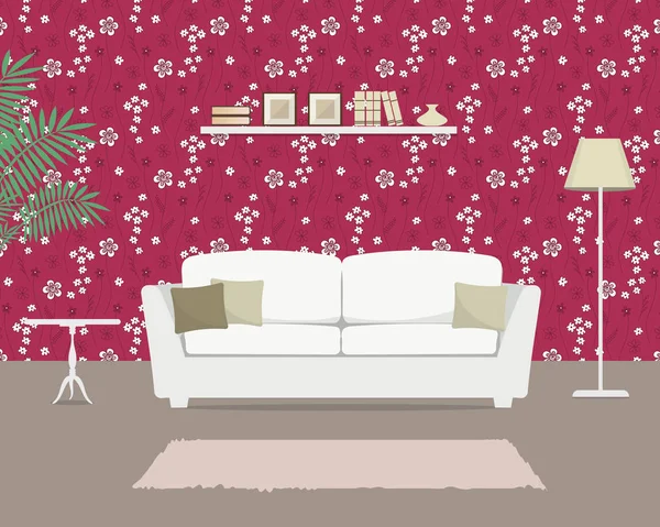 Interior Sala Estar Con Papel Pintado Floral Hay Sofá Blanco — Vector de stock