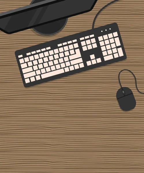 Top view of the desk. There is a monitor, keyboard and mouse on a wooden background. Vector illustration