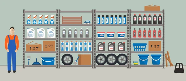 Raktárban Raktárkezelő Munkahelyen Polcok Háztartási Áru Raktári Állványok Raktárkezelő Áll — Stock Vector