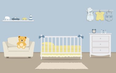 Çocuk odası için yeni doğmuş bir bebek. Mavi renkli erkek bir bebek için iç yatak odası. Bir yatak, bir şifoniyer, koltuk, bebek giysileri, bir raf wih oyuncak ve resimdeki başka şeyler vardır. Vektör çizim