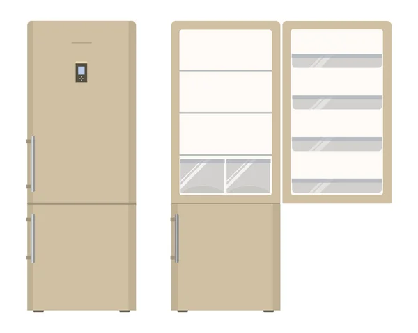 Бежевий Холодильник Порожній Холодильник Відкритими Дверима Їжі Обладнання Зберігання Їжі — стоковий вектор