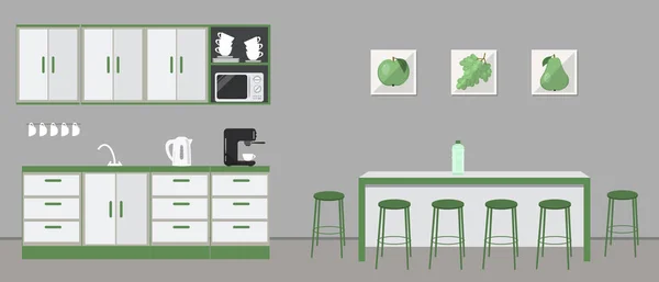 Kuchyňské Sady Office Jídelna Úřadu Existují Kuchyňské Skříňky Stůl Zelené — Stockový vektor