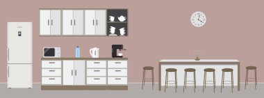 Office mutfak. Ofiste yemek odası. Mutfak dolapları, bir buzdolabı, bir tablo, kahverengi sandalyeler, mikrodalga, kettle ve kahve makinesi görüntü vardır. Duvarda bir saat olduğunu. Vektör çizim