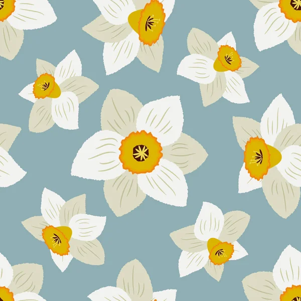 青色の背景に白い水仙とシームレスなパターン 花の背景 ベクトル図 — ストックベクタ